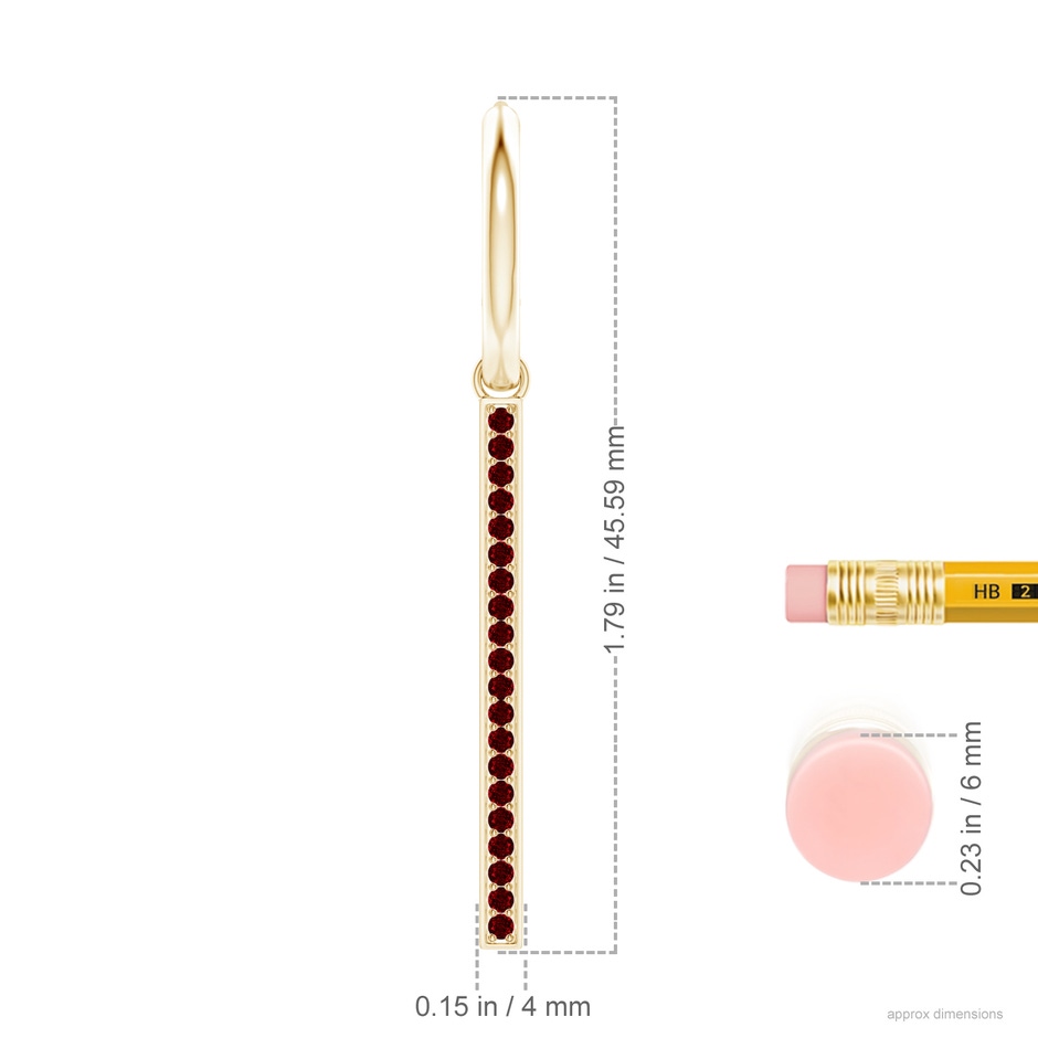 1.3mm AAAA Hinged Hoop Dangling Ruby Bar Earrings in 18K Yellow Gold ruler