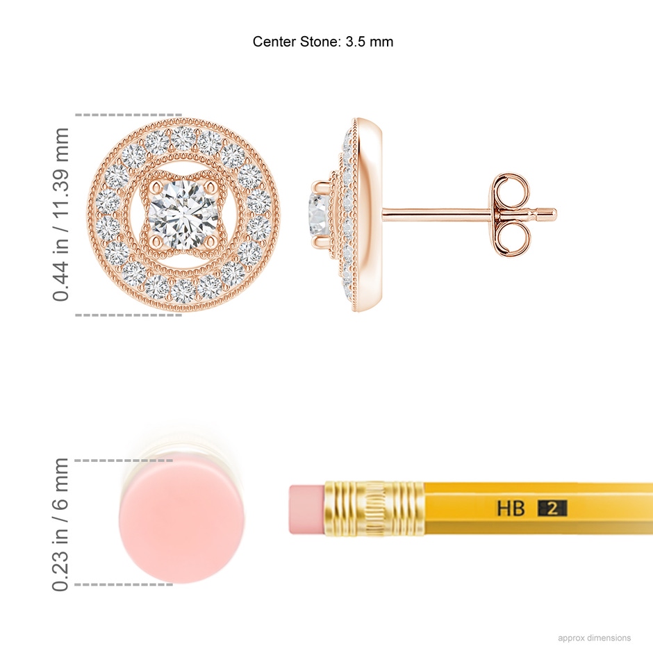 3.5mm HSI2 Vintage Style Pavé-Set Diamond Studs in Rose Gold ruler