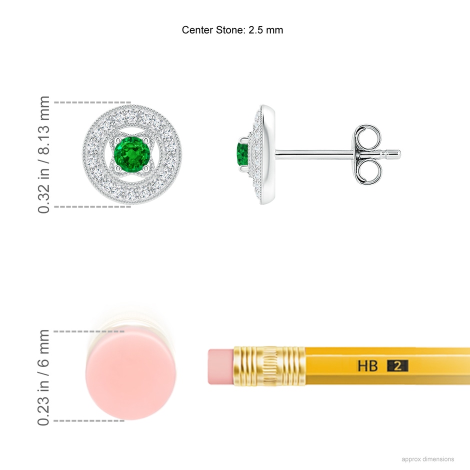 2.5mm AAAA Vintage Style Prong-Set Emerald and Diamond Studs in White Gold ruler