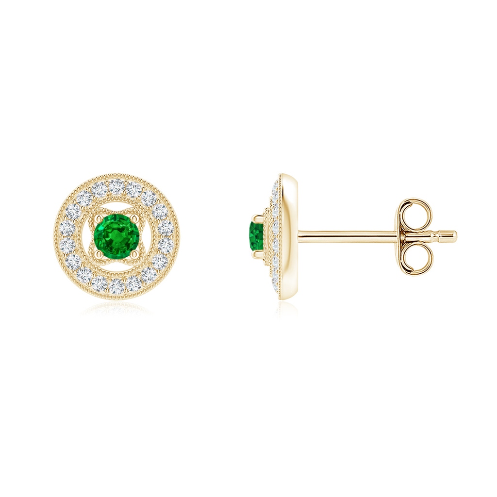 2.5mm AAAA Vintage Style Prong-Set Emerald and Diamond Studs in Yellow Gold