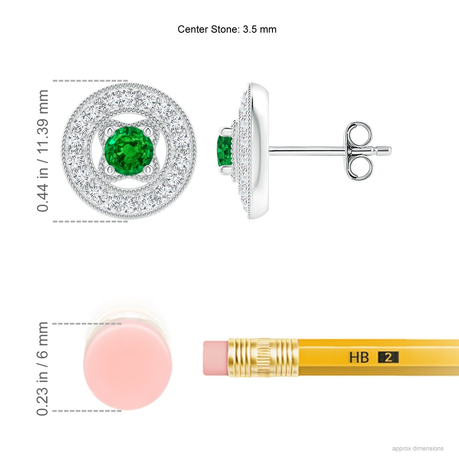 3.5mm AAAA Vintage Style Prong-Set Emerald and Diamond Studs in White Gold ruler