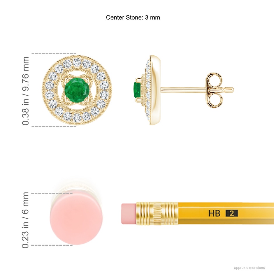 3mm AA Vintage Style Prong-Set Emerald and Diamond Studs in Yellow Gold ruler
