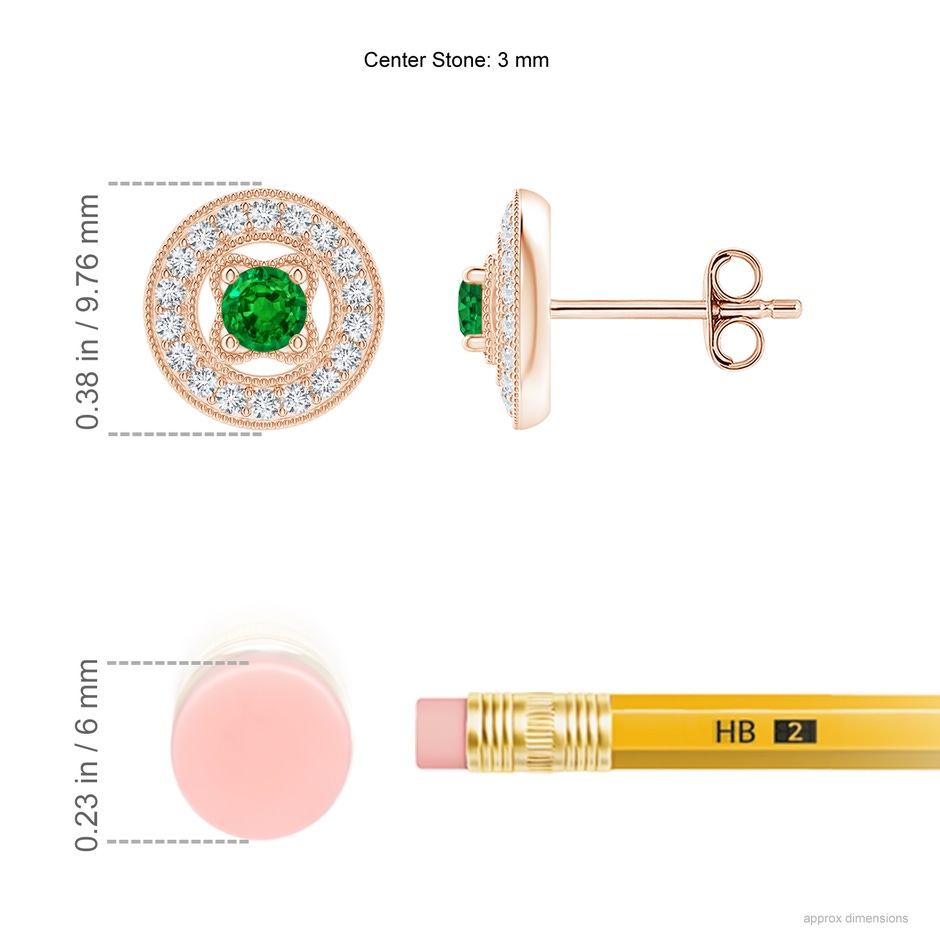 3mm AAAA Vintage Style Prong-Set Emerald and Diamond Studs in Rose Gold ruler