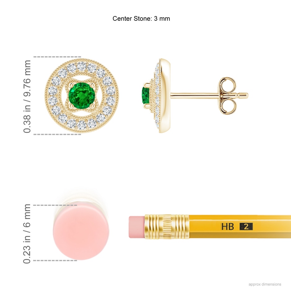3mm AAAA Vintage Style Prong-Set Emerald and Diamond Studs in Yellow Gold ruler