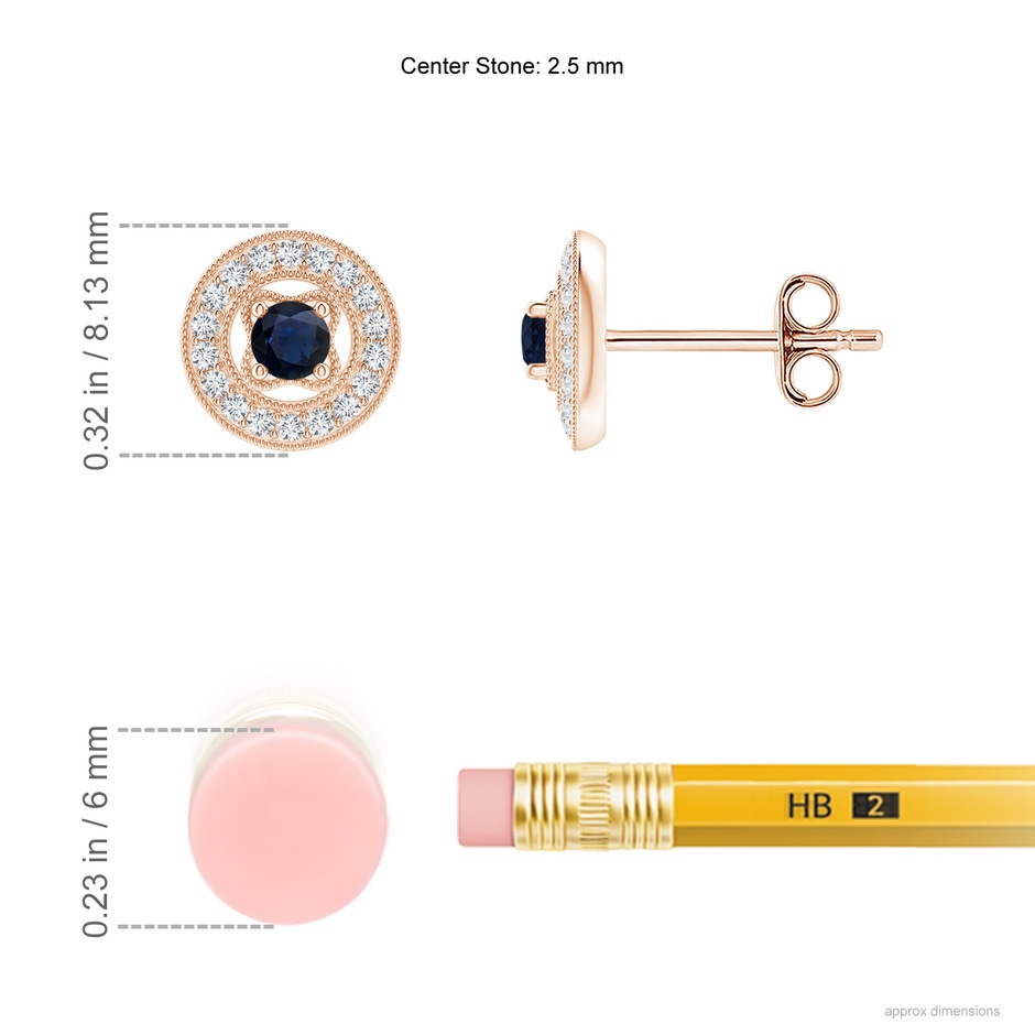 2.5mm A Vintage Style Prong-Set Sapphire and Diamond Studs in Rose Gold ruler