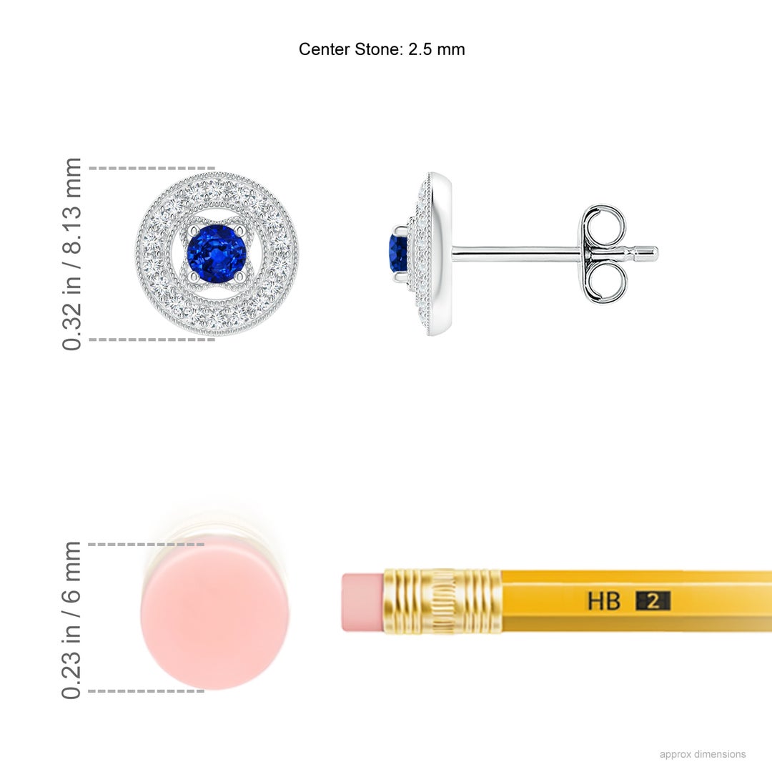2.5mm AAAA Vintage Style Prong-Set Sapphire and Diamond Studs in White Gold - ruler