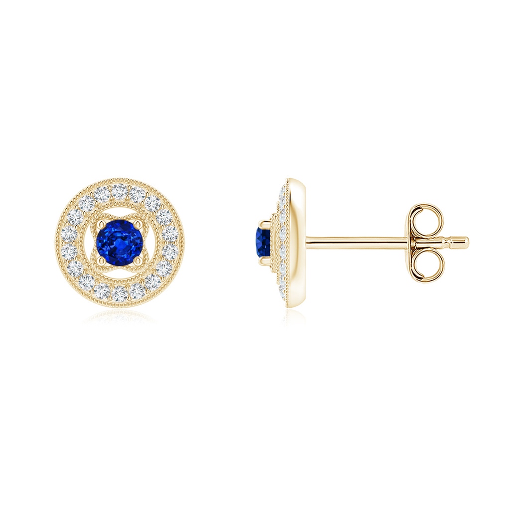 2.5mm AAAA Vintage Style Prong-Set Sapphire and Diamond Studs in Yellow Gold