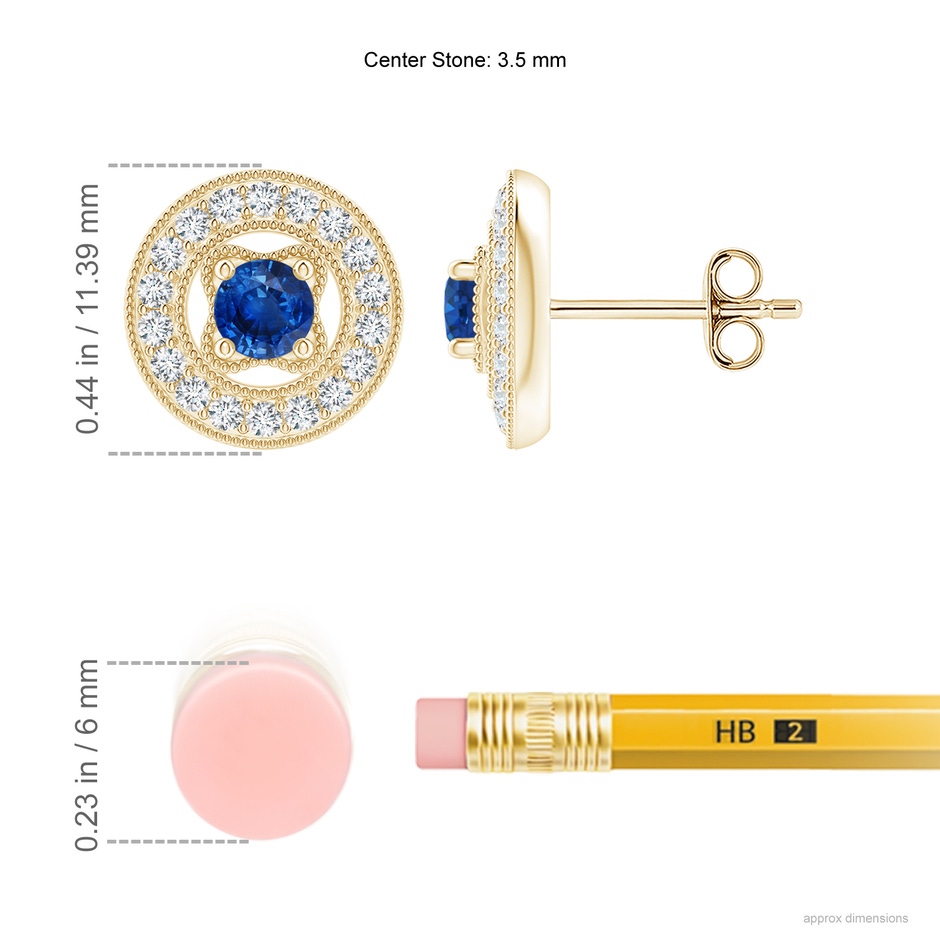 3.5mm AAA Vintage Style Prong-Set Sapphire and Diamond Studs in Yellow Gold ruler