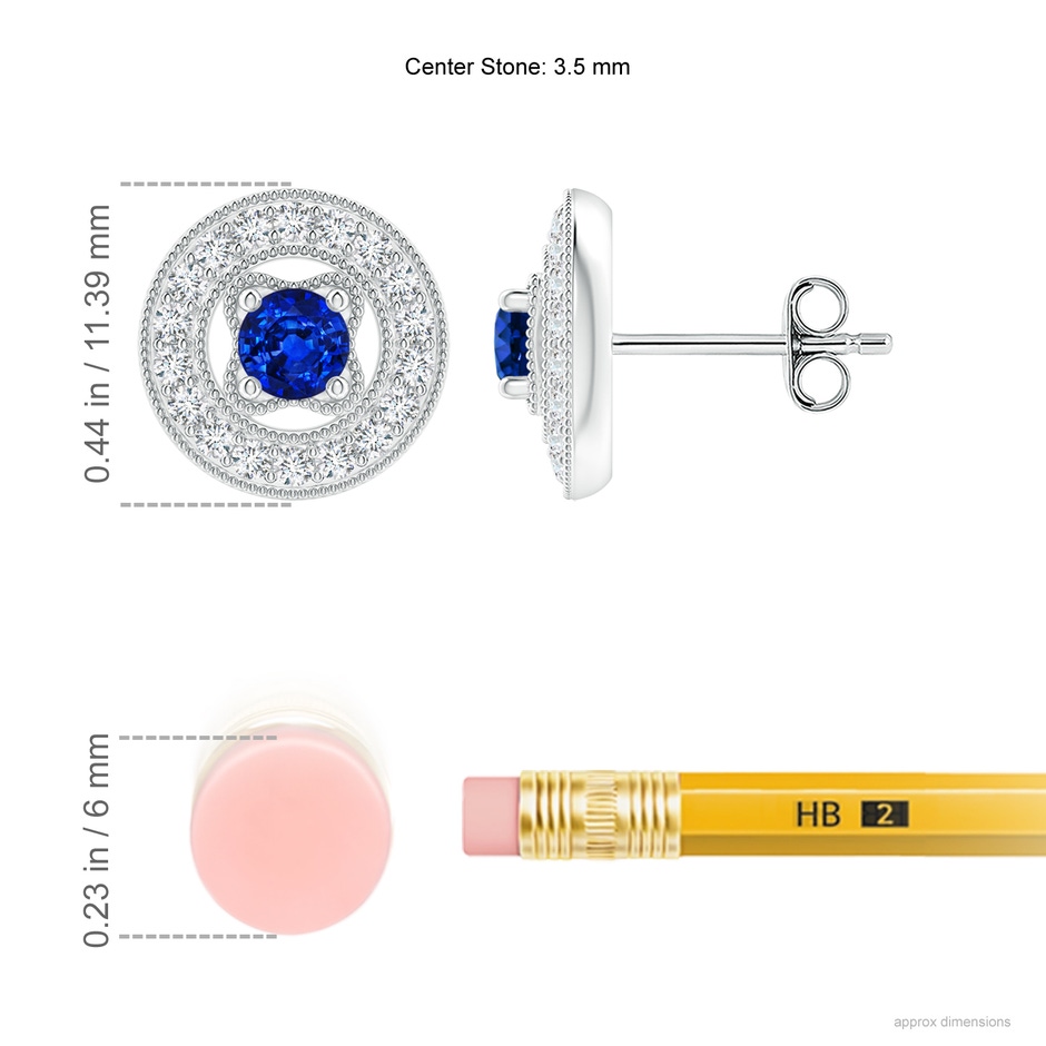 3.5mm AAAA Vintage Style Prong-Set Sapphire and Diamond Studs in White Gold ruler