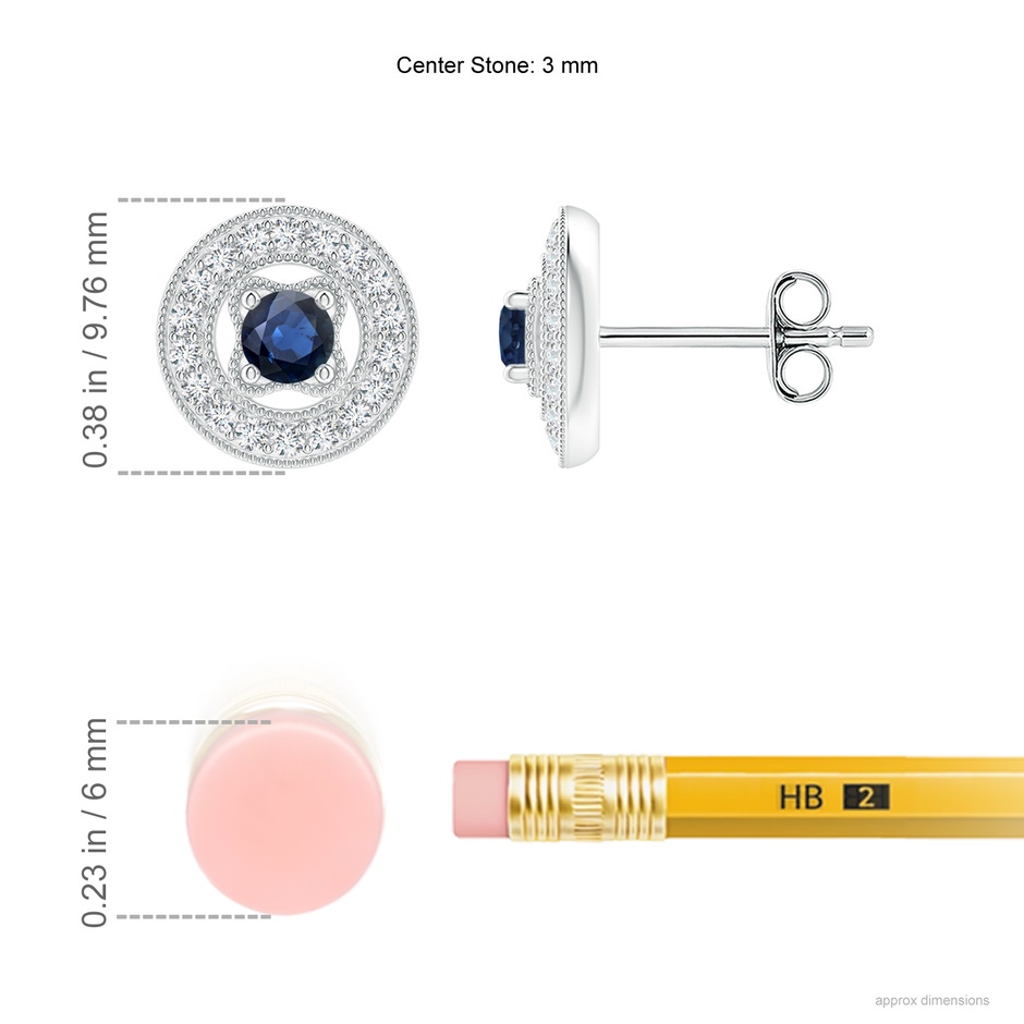 3mm AA Vintage Style Prong-Set Sapphire and Diamond Studs in White Gold ruler