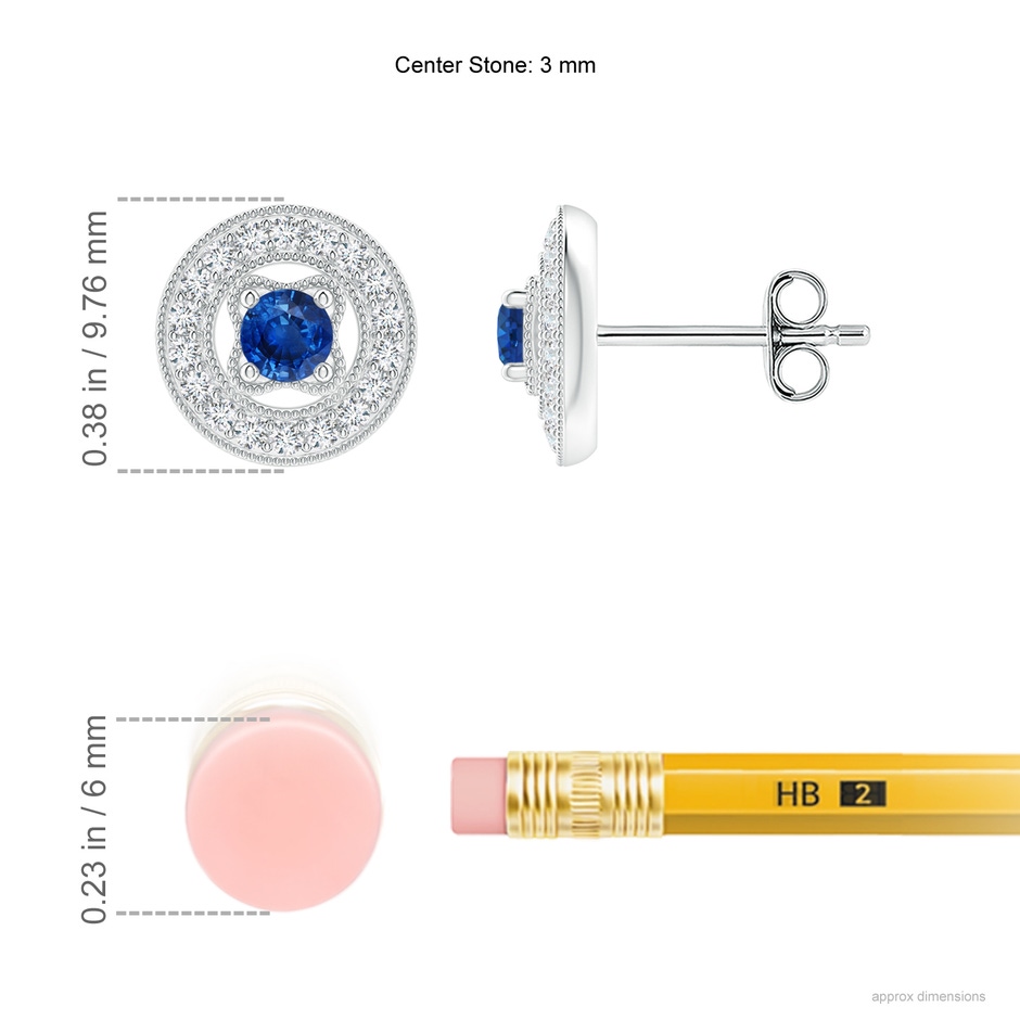 3mm AAA Vintage Style Prong-Set Sapphire and Diamond Studs in White Gold ruler