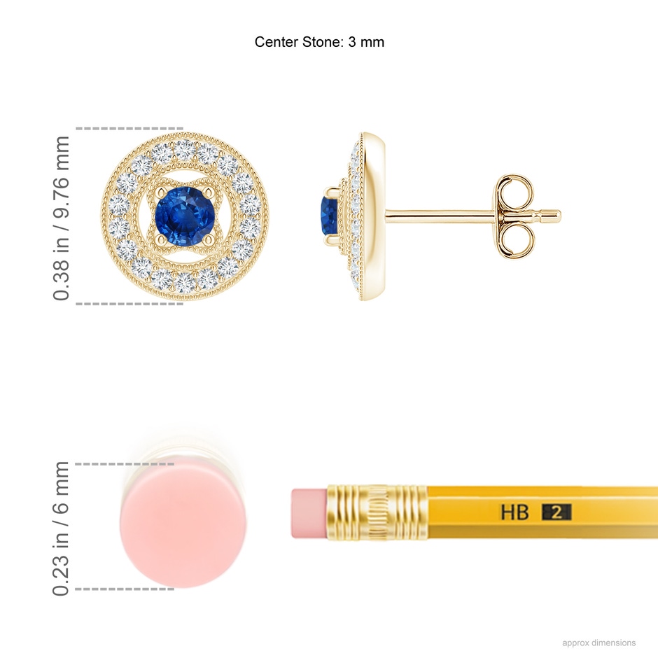3mm AAA Vintage Style Prong-Set Sapphire and Diamond Studs in Yellow Gold ruler