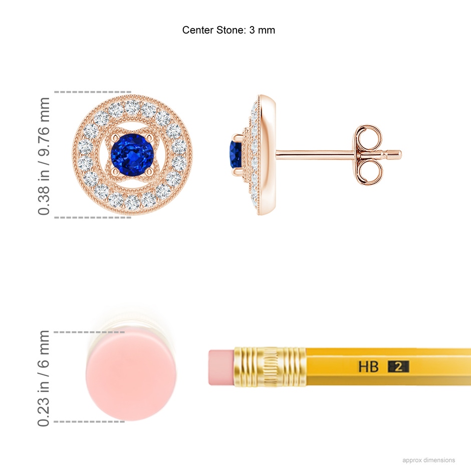 3mm AAAA Vintage Style Prong-Set Sapphire and Diamond Studs in Rose Gold ruler