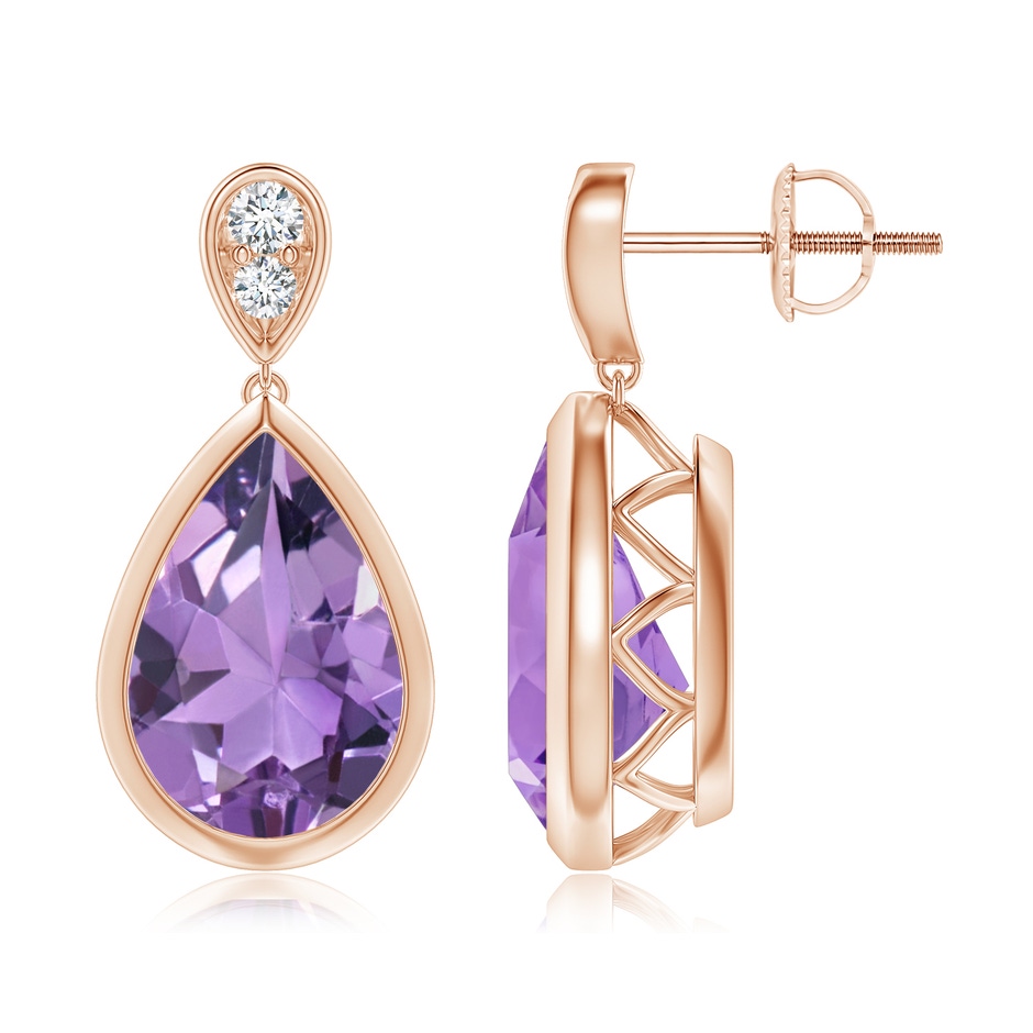 12x8mm A Bezel-Set Amethyst Teardrop Earrings with Diamond in Rose Gold 