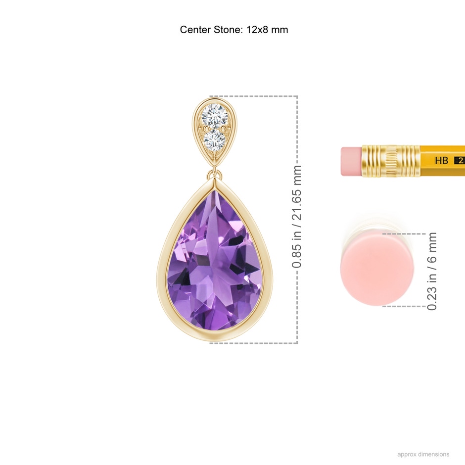 12x8mm AA Bezel-Set Amethyst Teardrop Earrings with Diamond in Yellow Gold ruler