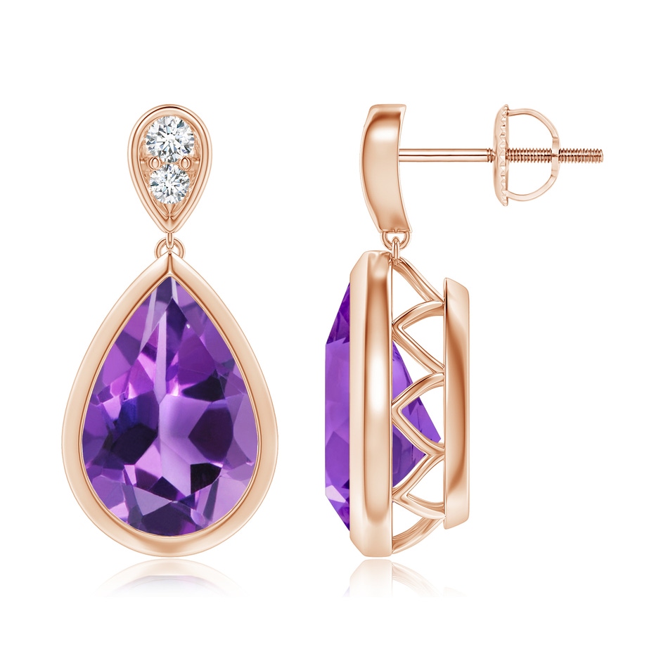 12x8mm AAA Bezel-Set Amethyst Teardrop Earrings with Diamond in Rose Gold 