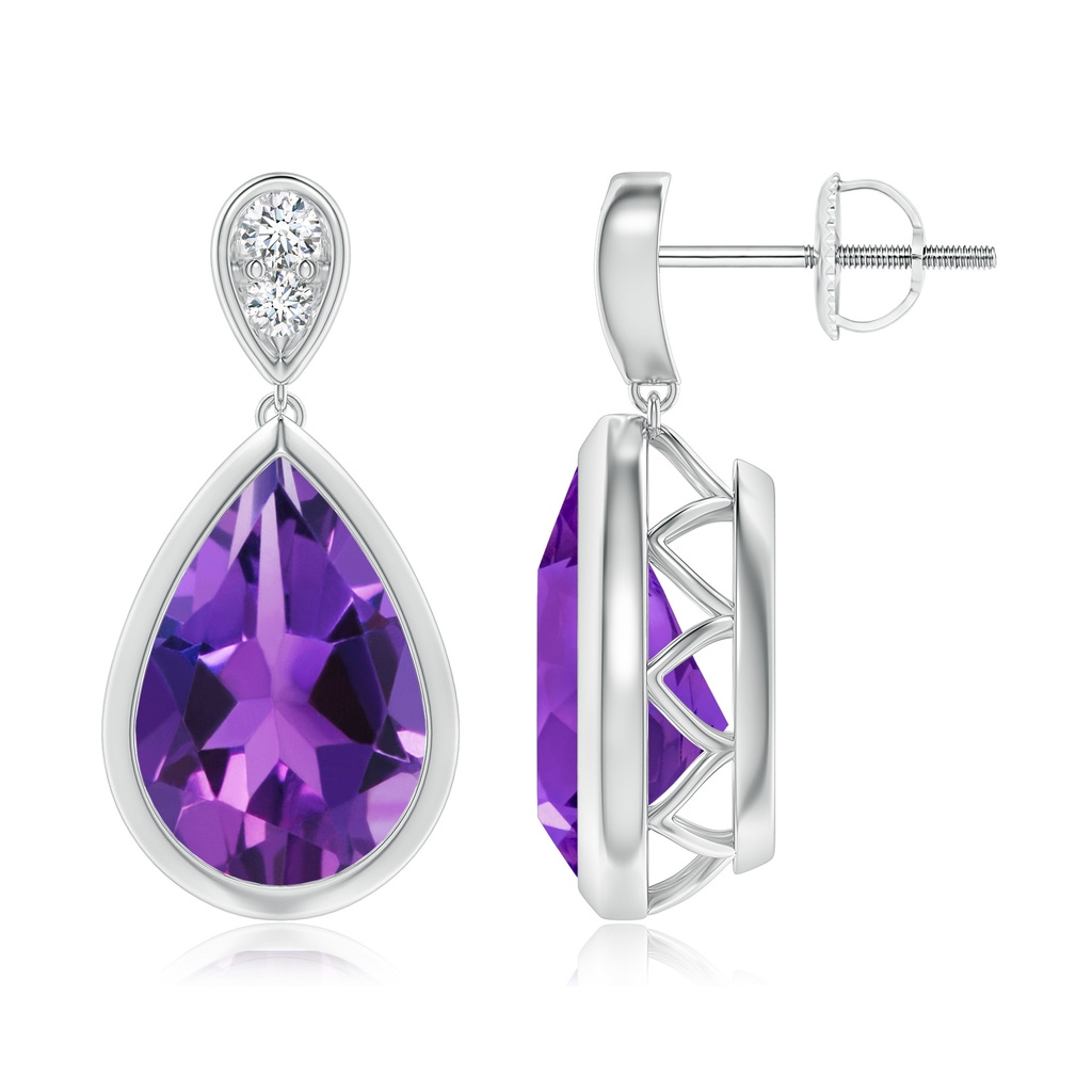 12x8mm AAAA Bezel-Set Amethyst Teardrop Earrings with Diamond in P950 Platinum