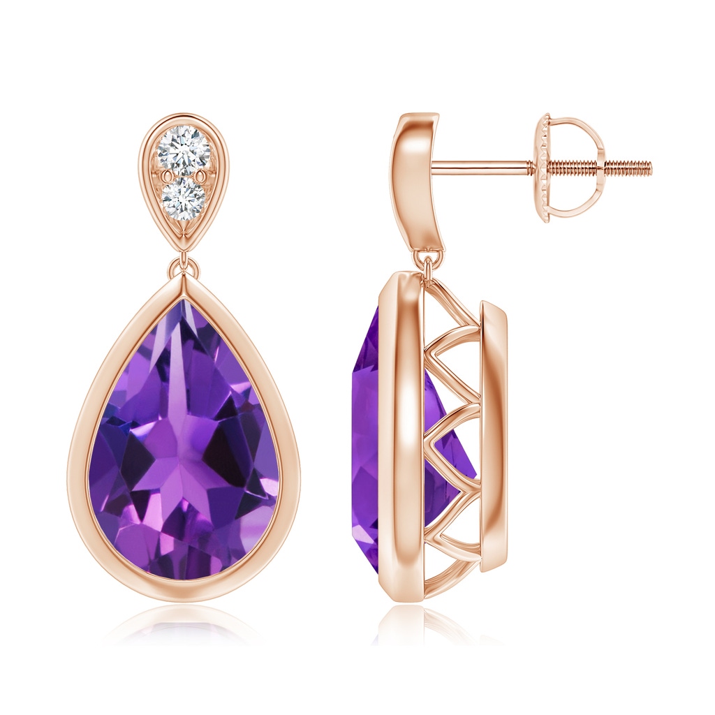 12x8mm AAAA Bezel-Set Amethyst Teardrop Earrings with Diamond in Rose Gold