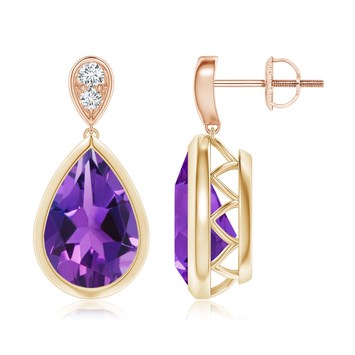 12x8mm AAAA Bezel-Set Amethyst Teardrop Earrings with Diamond in Yellow Gold Rose Gold