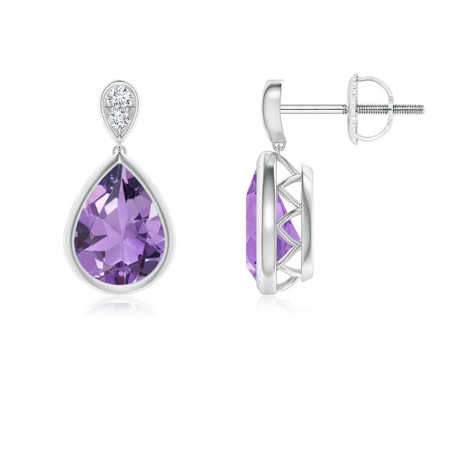 8x6mm A Bezel-Set Amethyst Teardrop Earrings with Diamond in White Gold 