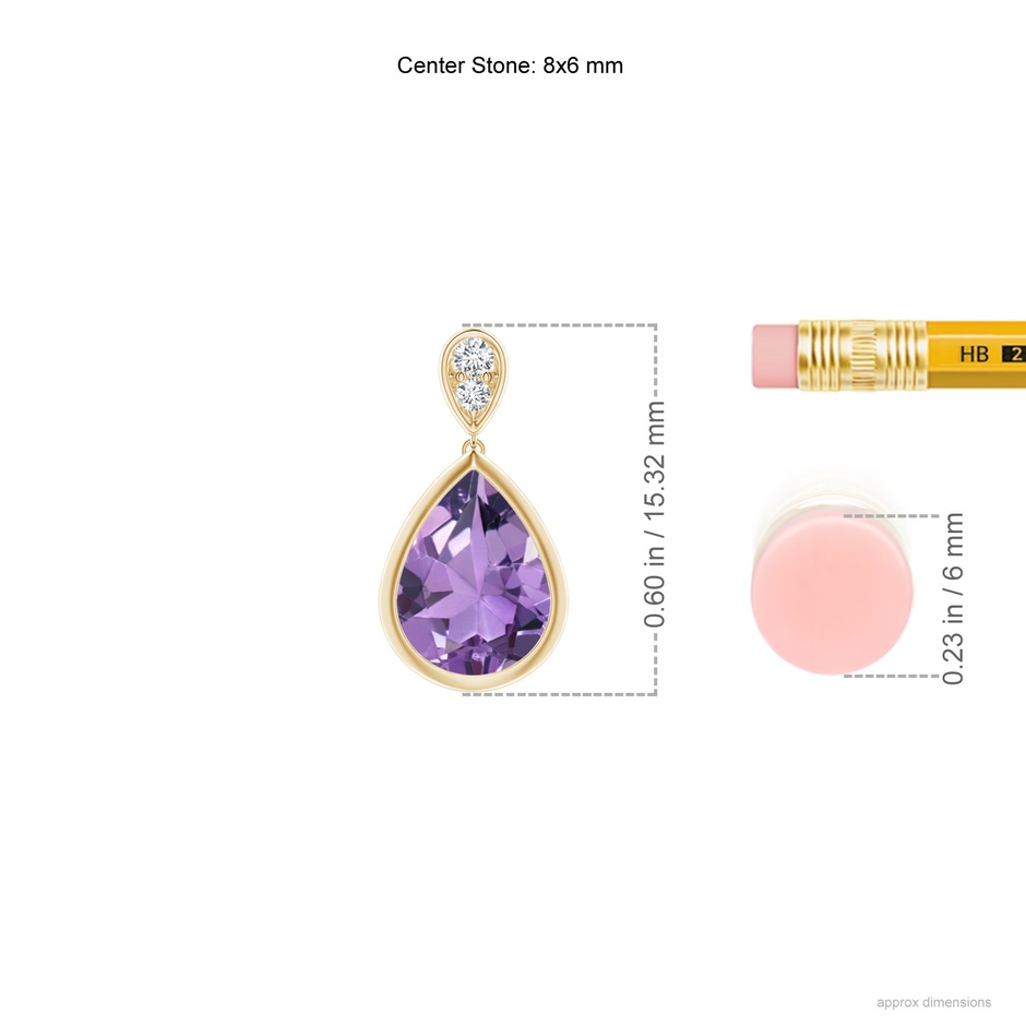 8x6mm A Bezel-Set Amethyst Teardrop Earrings with Diamond in Yellow Gold ruler