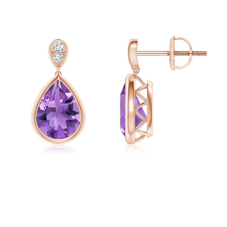 8x6mm AA Bezel-Set Amethyst Teardrop Earrings with Diamond in Rose Gold 
