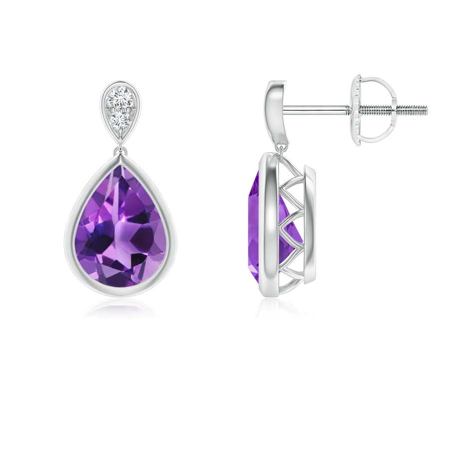 8x6mm AAA Bezel-Set Amethyst Teardrop Earrings with Diamond in White Gold 