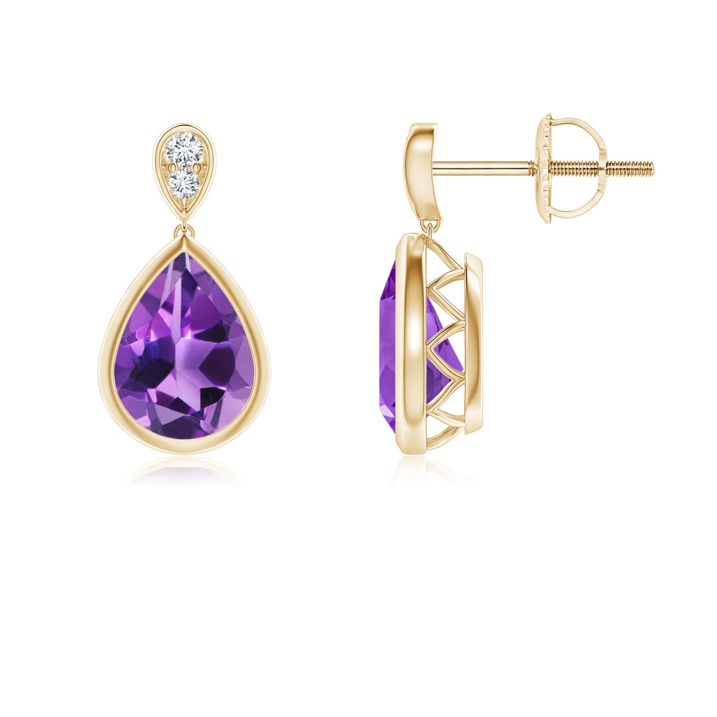 8x6mm AAA Bezel-Set Amethyst Teardrop Earrings with Diamond in Yellow Gold