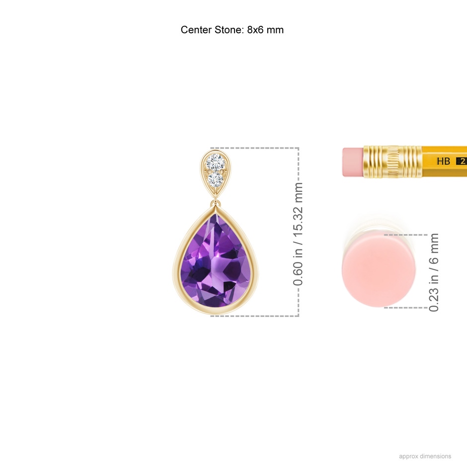 8x6mm AAA Bezel-Set Amethyst Teardrop Earrings with Diamond in Yellow Gold ruler