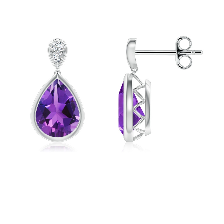 8x6mm AAAA Bezel-Set Amethyst Teardrop Earrings with Diamond in S999 Silver 