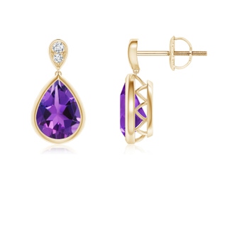 8x6mm AAAA Bezel-Set Amethyst Teardrop Earrings with Diamond in Yellow Gold