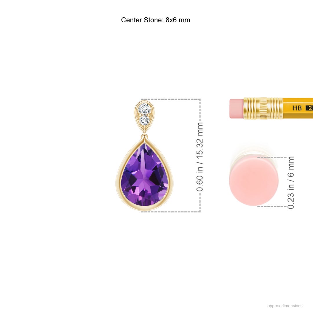 8x6mm AAAA Bezel-Set Amethyst Teardrop Earrings with Diamond in Yellow Gold - ruler