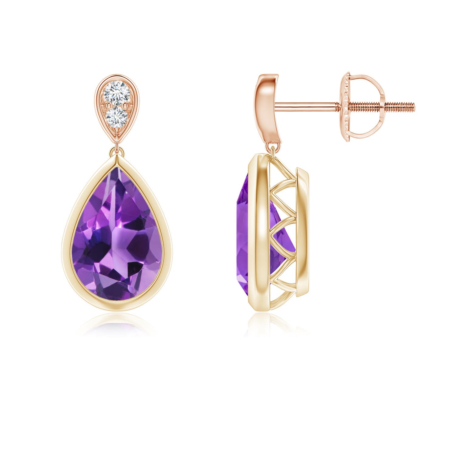 9x6mm AAA Bezel-Set Amethyst Teardrop Earrings with Diamond in Yellow Gold Rose Gold