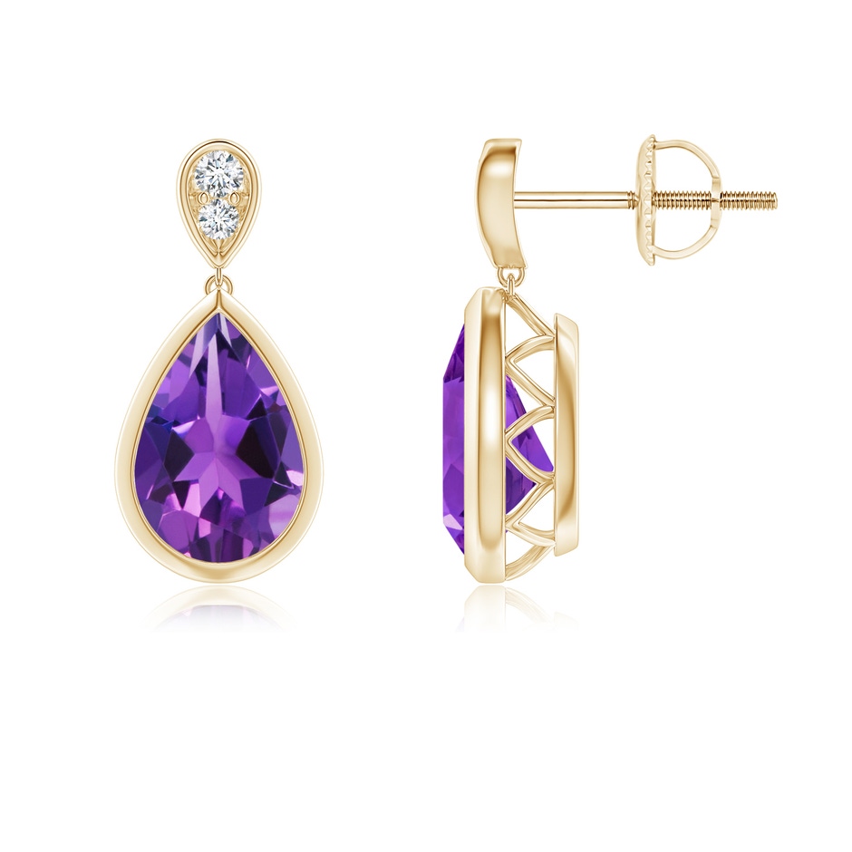 9x6mm AAAA Bezel-Set Amethyst Teardrop Earrings with Diamond in Yellow Gold 