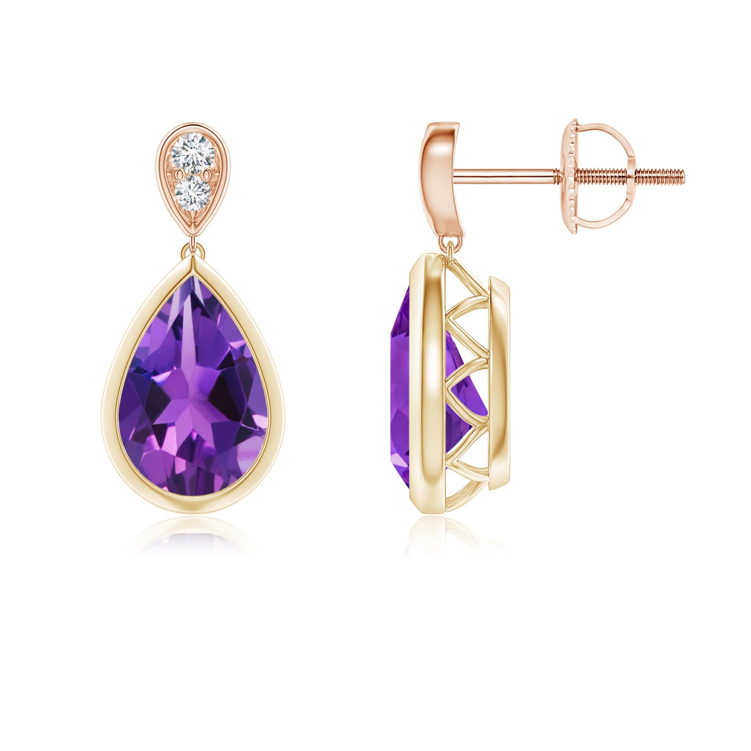 9x6mm AAAA Bezel-Set Amethyst Teardrop Earrings with Diamond in Yellow Gold Rose Gold