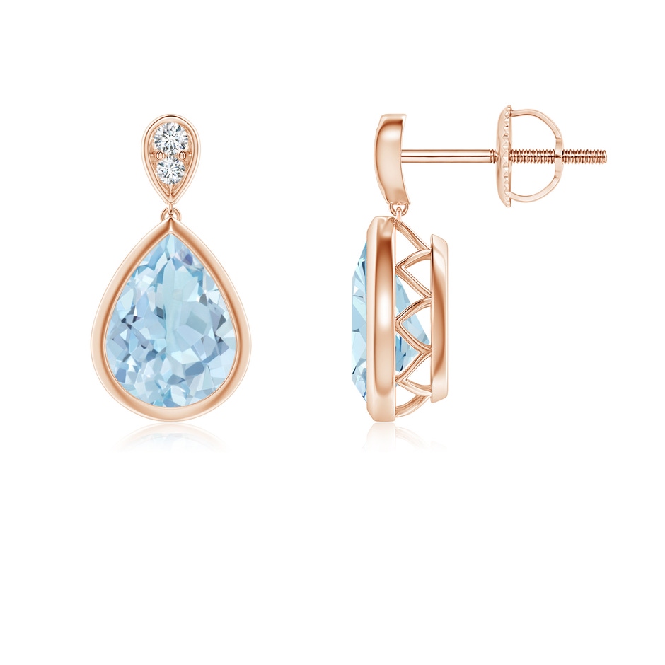 8x6mm AA Bezel-Set Aquamarine Teardrop Earrings with Diamond in Rose Gold 