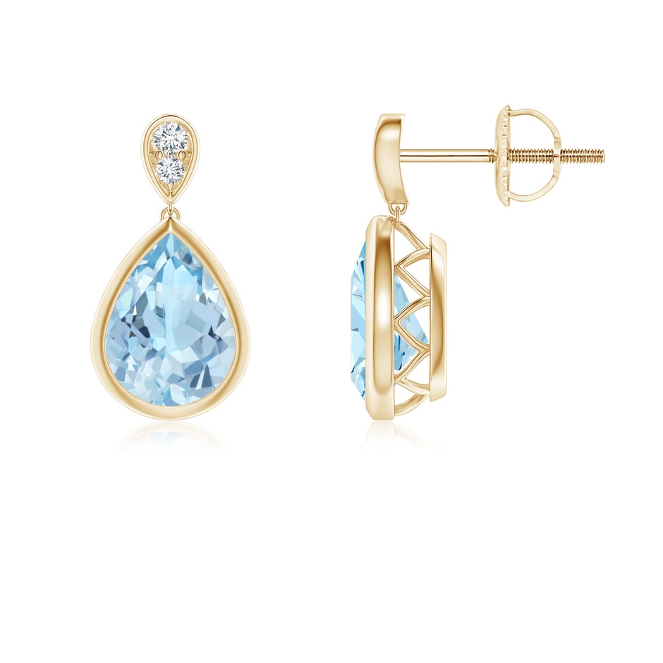 8x6mm AAA Bezel-Set Aquamarine Teardrop Earrings with Diamond in Yellow Gold 