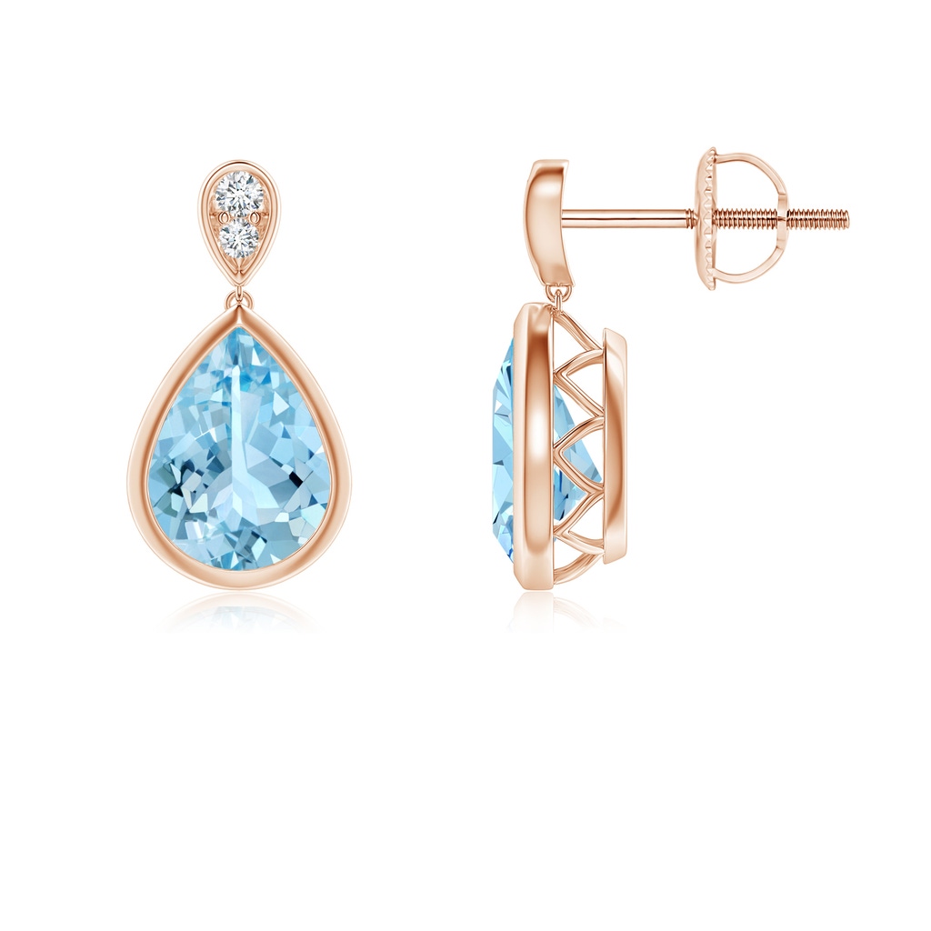 8x6mm AAAA Bezel-Set Aquamarine Teardrop Earrings with Diamond in Rose Gold