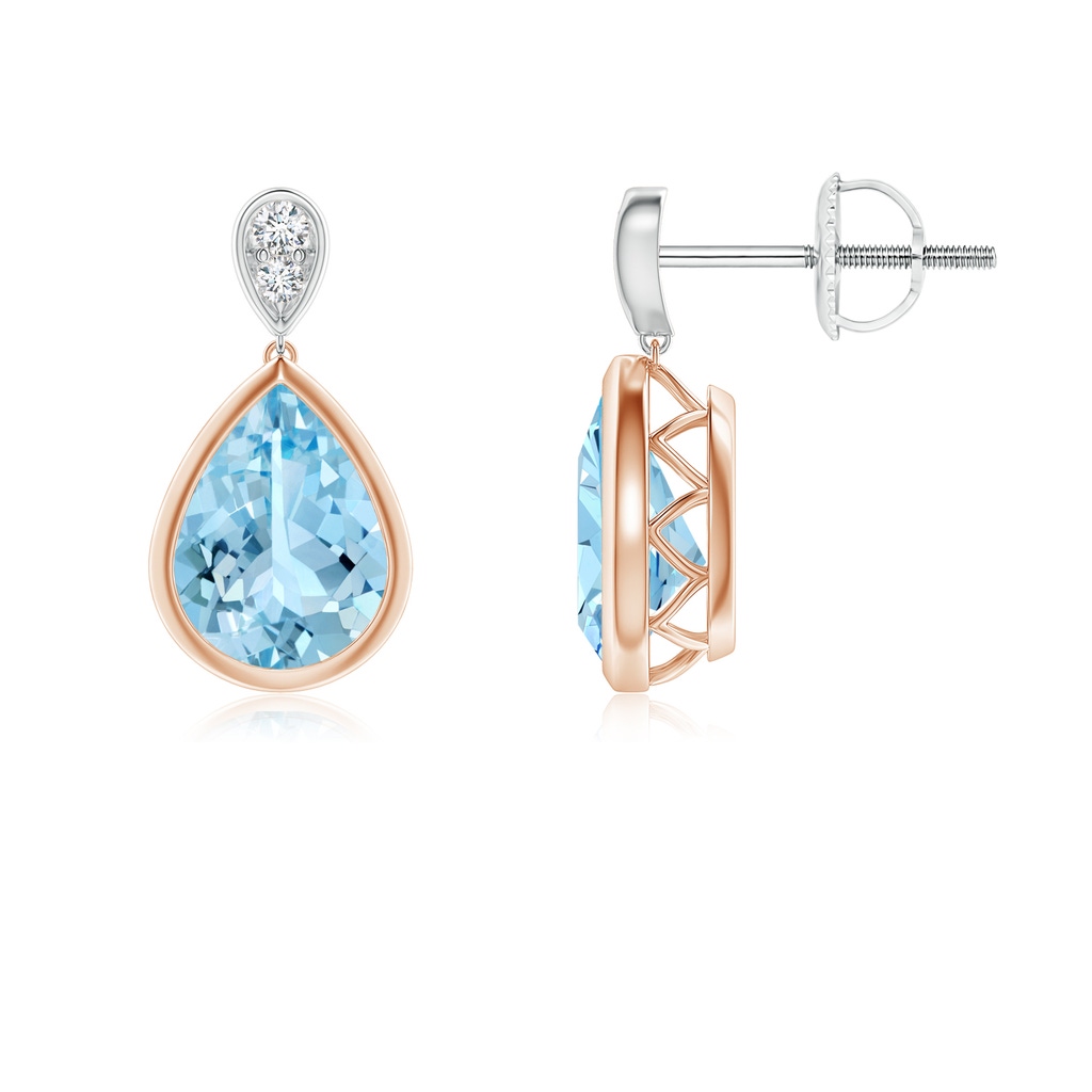 8x6mm AAAA Bezel-Set Aquamarine Teardrop Earrings with Diamond in Rose Gold White Gold