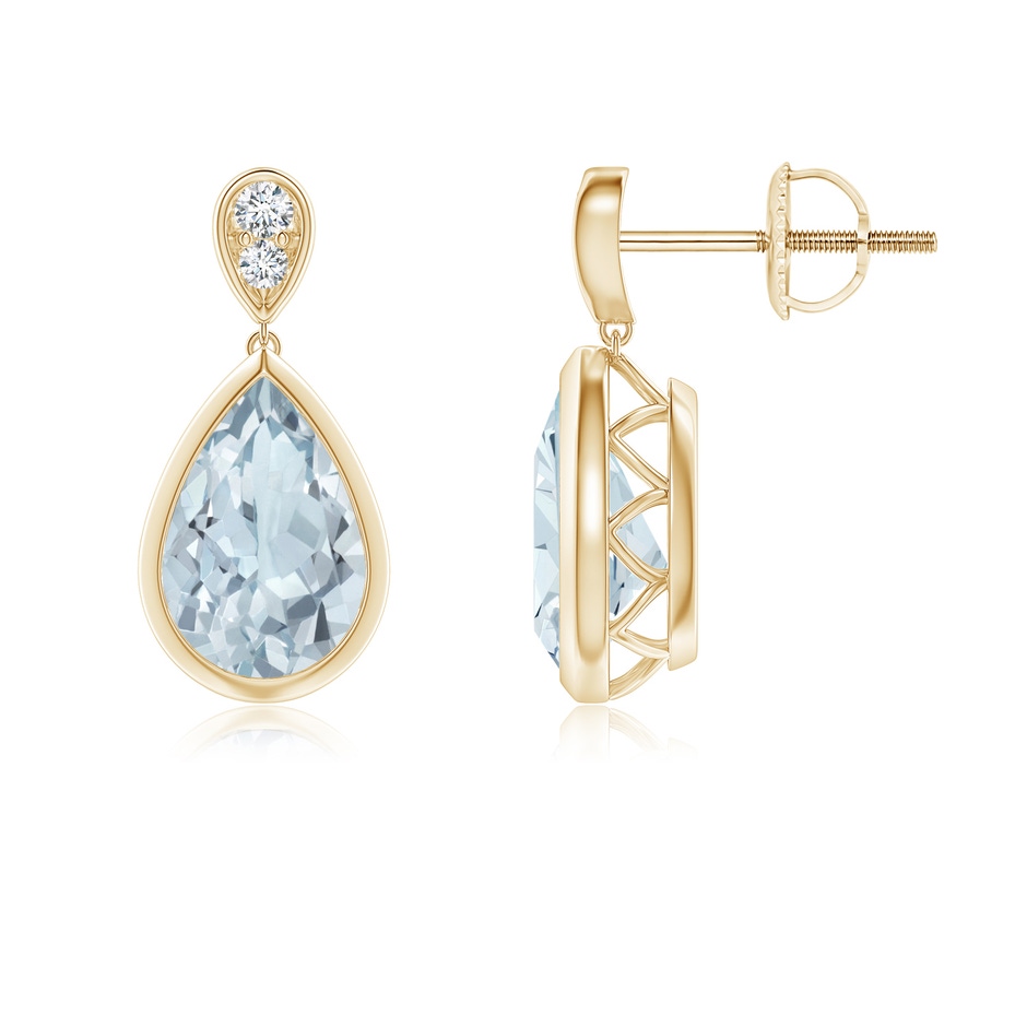 9x6mm A Bezel-Set Aquamarine Teardrop Earrings with Diamond in Yellow Gold 