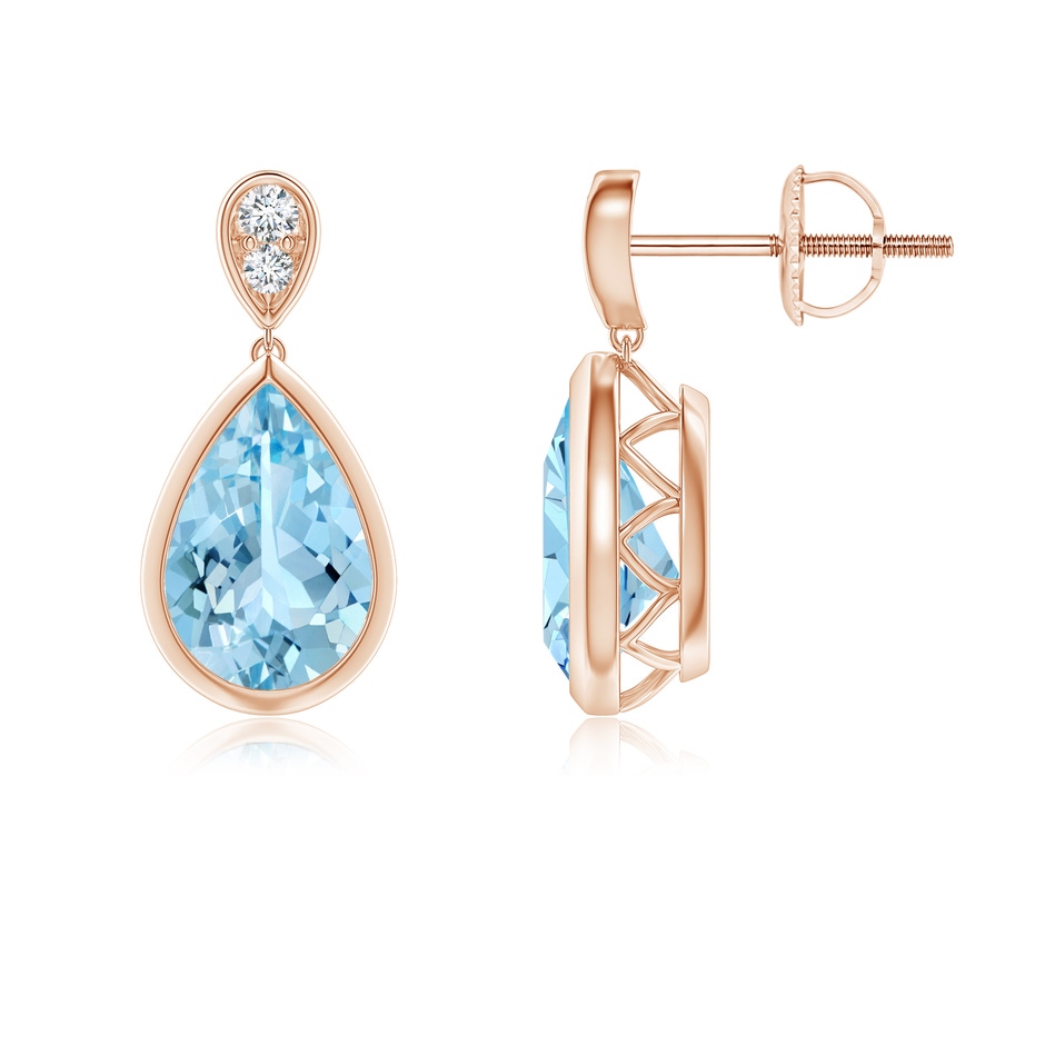 9x6mm AAAA Bezel-Set Aquamarine Teardrop Earrings with Diamond in Rose Gold 