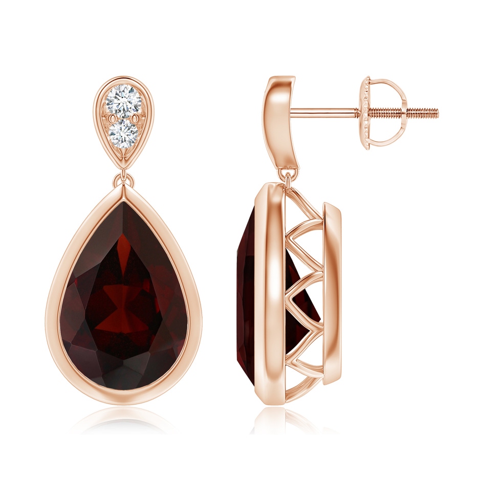 12x8mm A Bezel-Set Garnet Teardrop Earrings with Diamond in Rose Gold 