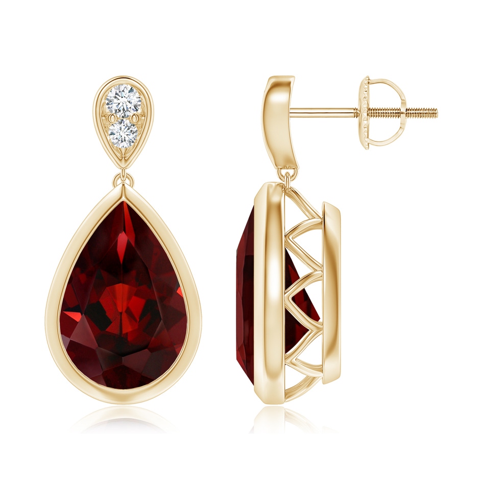 12x8mm AAA Bezel-Set Garnet Teardrop Earrings with Diamond in Yellow Gold 
