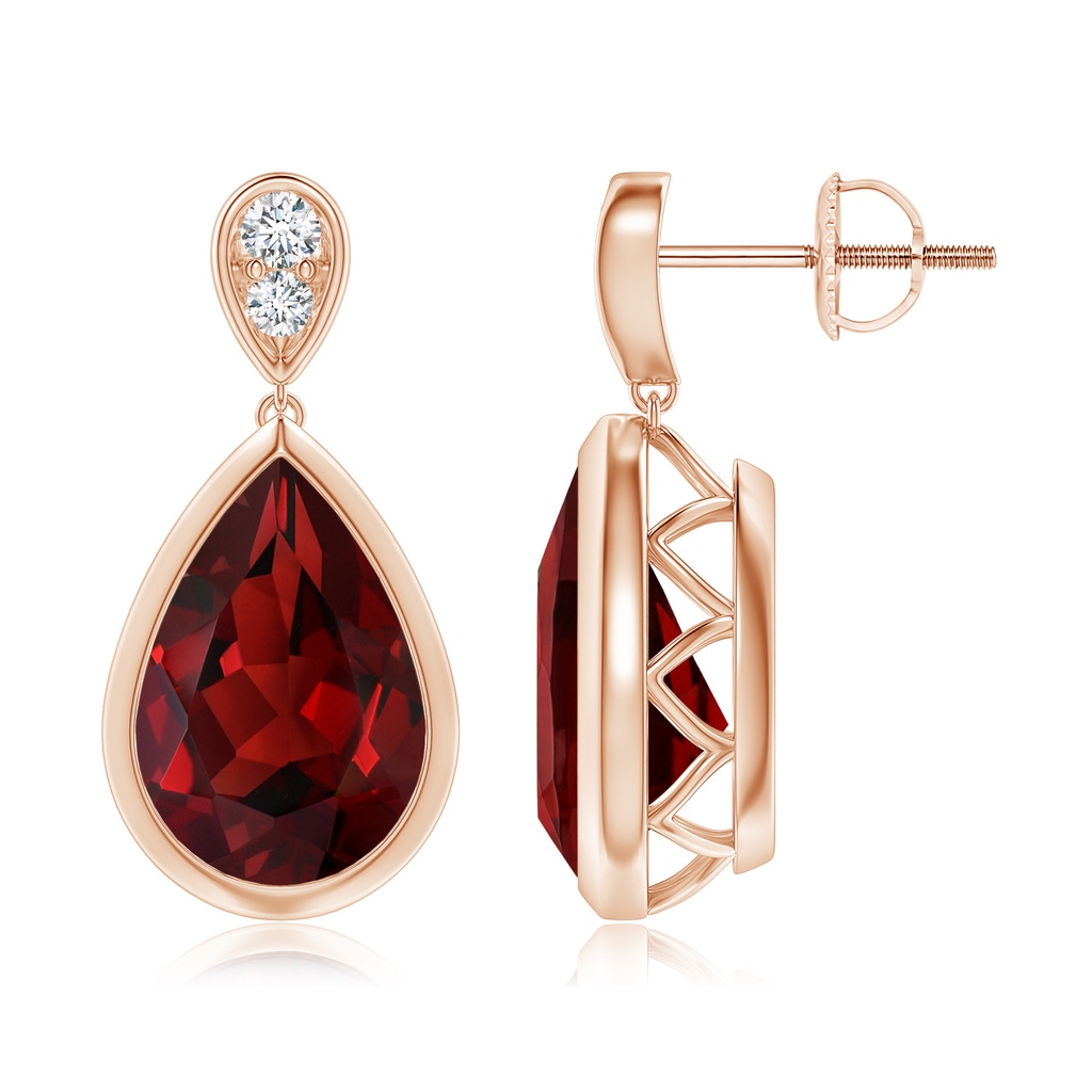 12x8mm AAAA Bezel-Set Garnet Teardrop Earrings with Diamond in Rose Gold