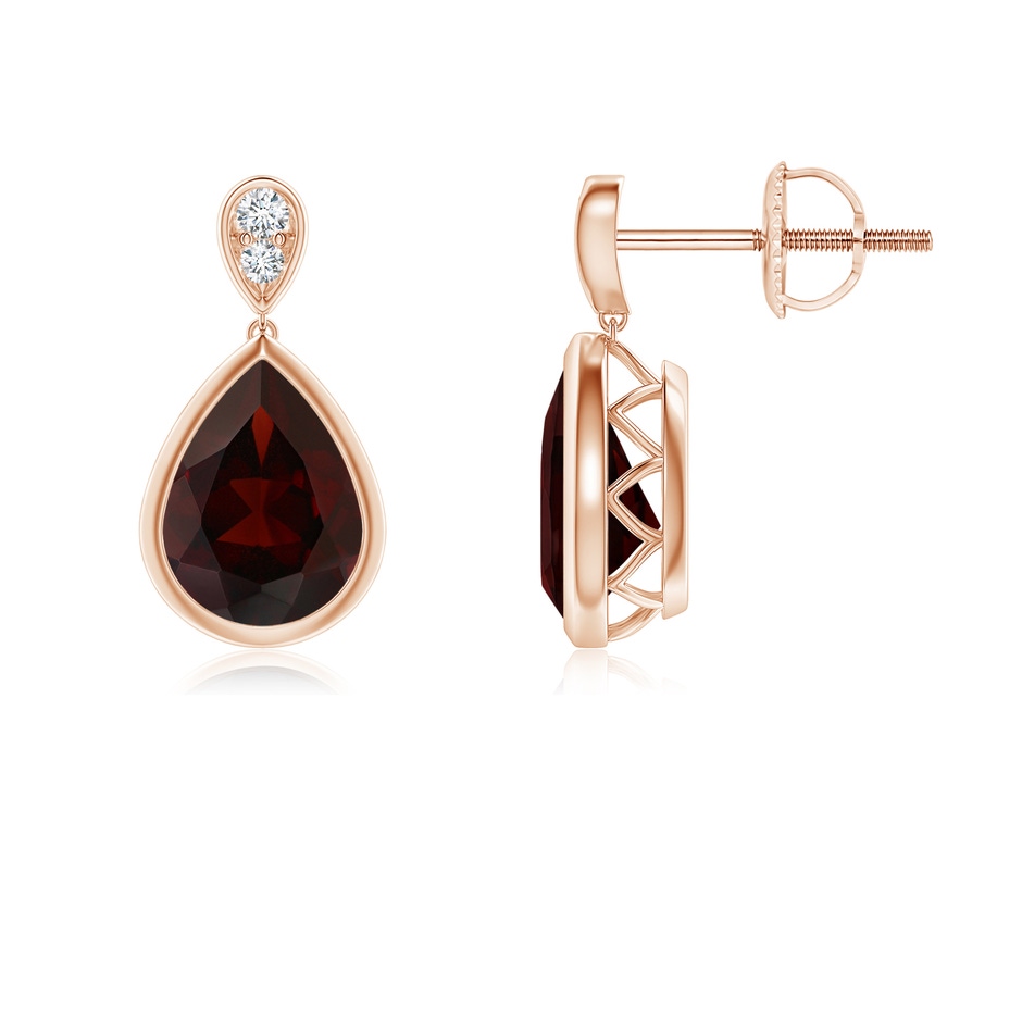 8x6mm A Bezel-Set Garnet Teardrop Earrings with Diamond in Rose Gold 