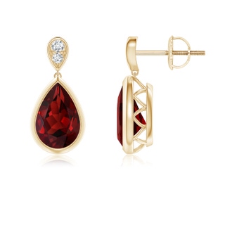 9x6mm AAAA Bezel-Set Garnet Teardrop Earrings with Diamond in Yellow Gold