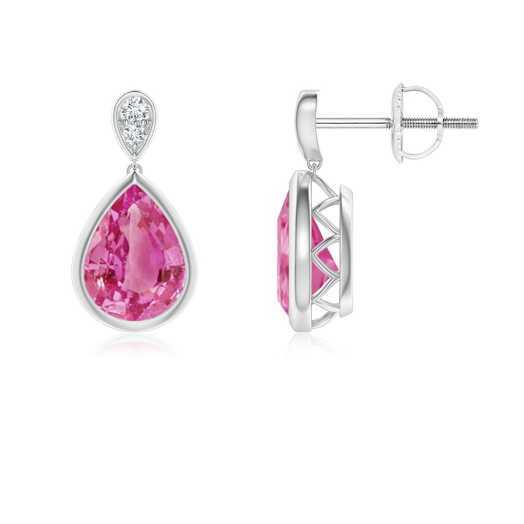 8x6mm AAA Bezel-Set Pink Sapphire Teardrop Earrings with Diamond in White Gold 