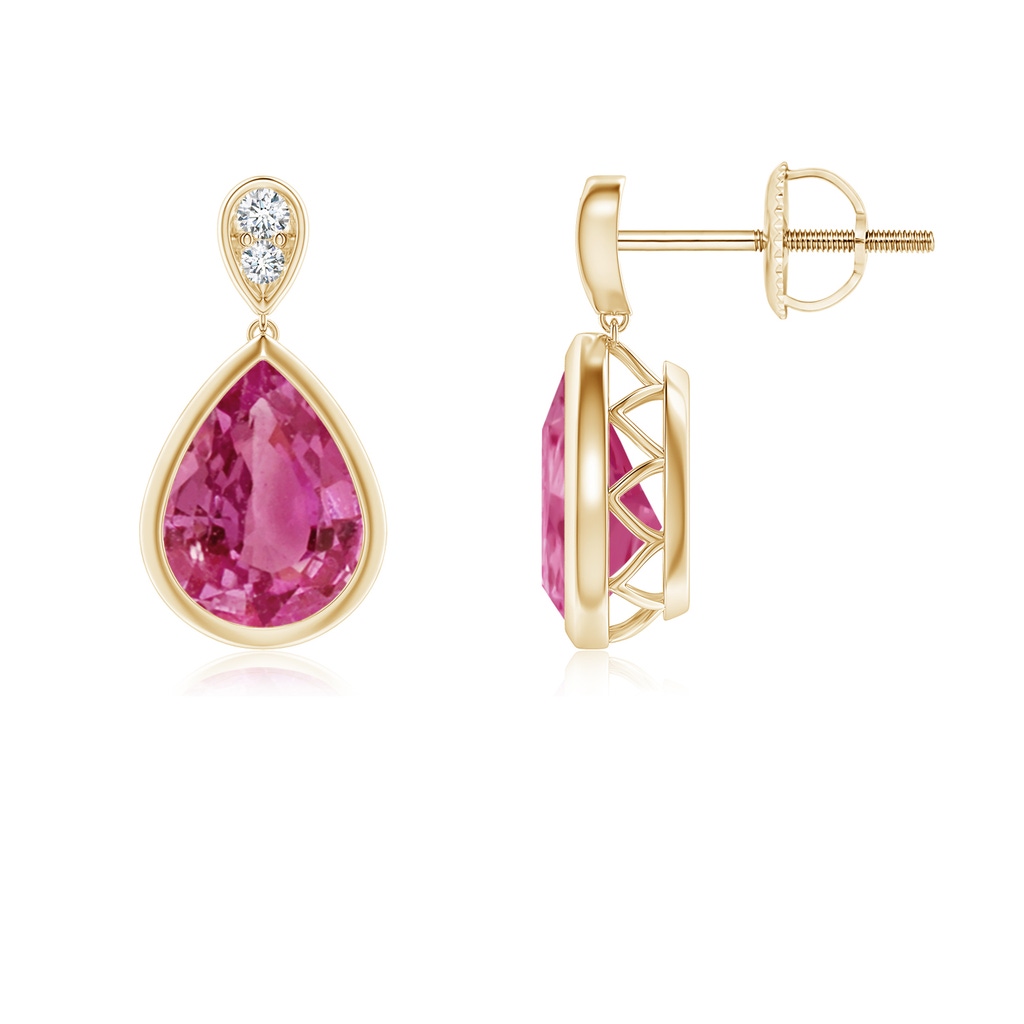 8x6mm AAAA Bezel-Set Pink Sapphire Teardrop Earrings with Diamond in Yellow Gold