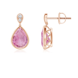 8x6mm A Bezel-Set Pink Tourmaline Teardrop Earrings with Diamond in 9K Rose Gold