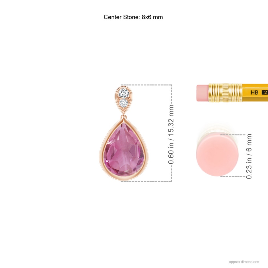 8x6mm AA Bezel-Set Pink Tourmaline Teardrop Earrings with Diamond in Rose Gold ruler